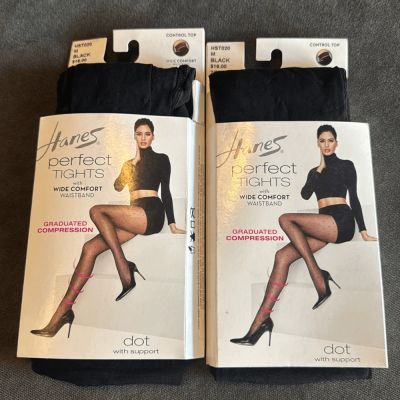 Hanes Perfect Tights ControlTop Graduated Compression Black Dot Size M x2 Pairs